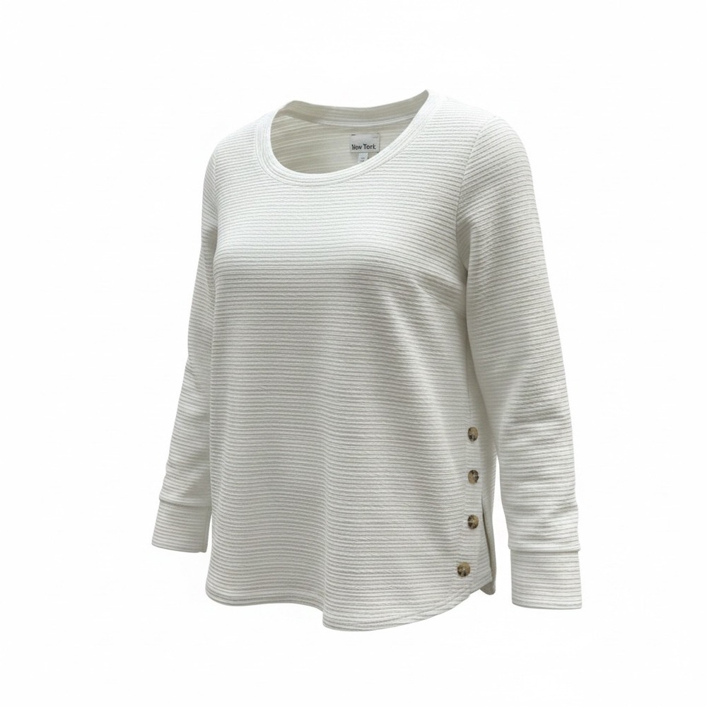 New York Laundry Womens 1X White Ribbed Long Sleeve‎ Button Side Slit Top